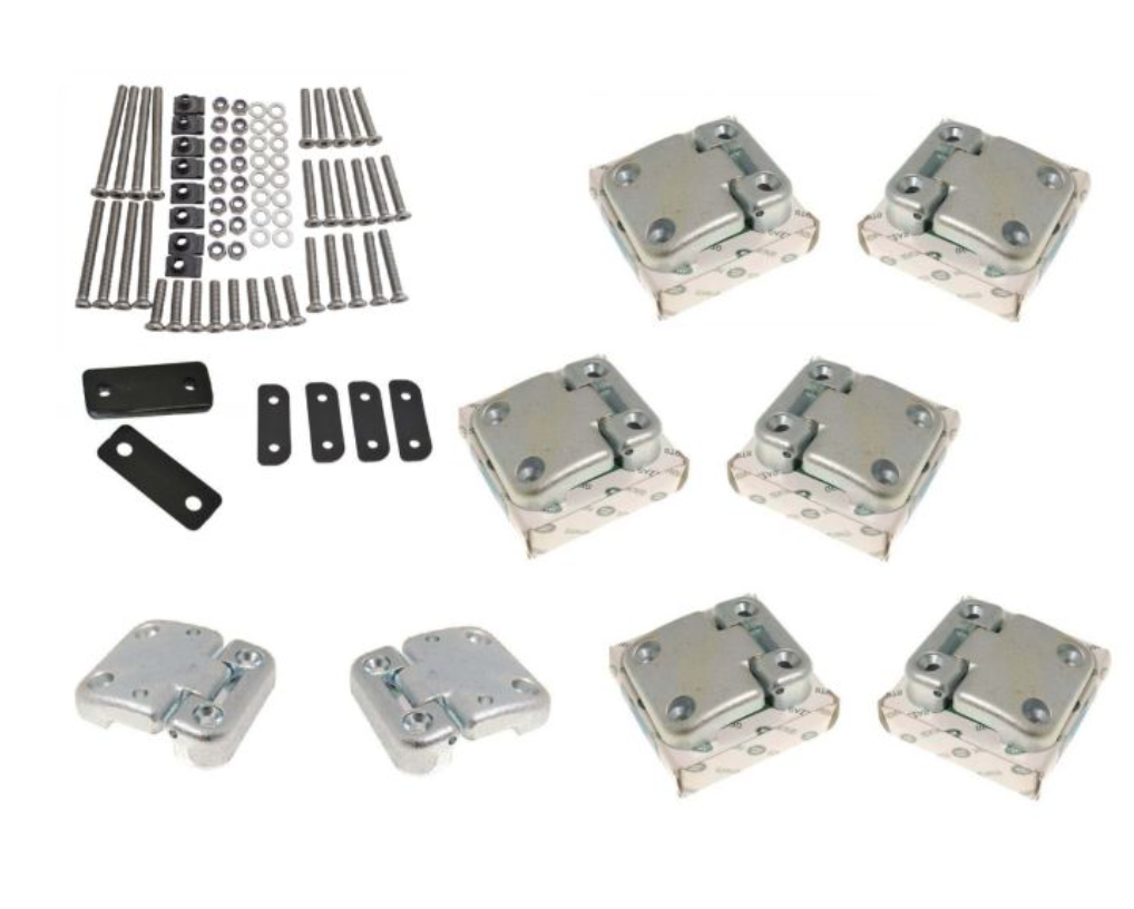 GENUINE LAND ROVER FRONT AND REAR SIDE DOOR HINGE KIT FOR DEFENDER WITH STAINLESS STEEL NUT, BOLTS AND PLASTIC SHIMS