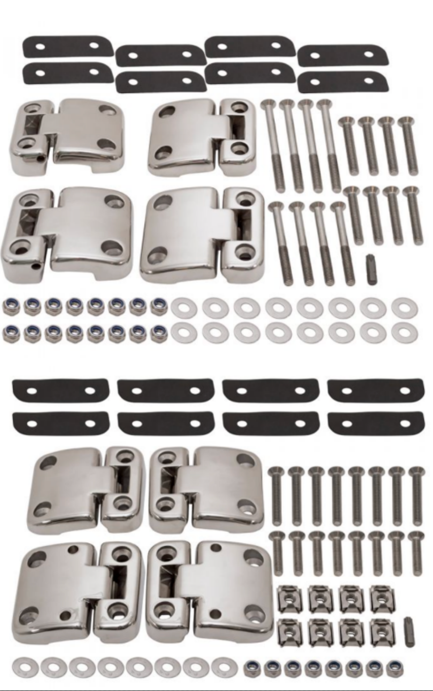 DEFENDER FIRST & SECOND ROW DOOR HINGE KIT WITH STAINLESS STEEL HINGES - SET OF EIGHT WITH FIXINGS