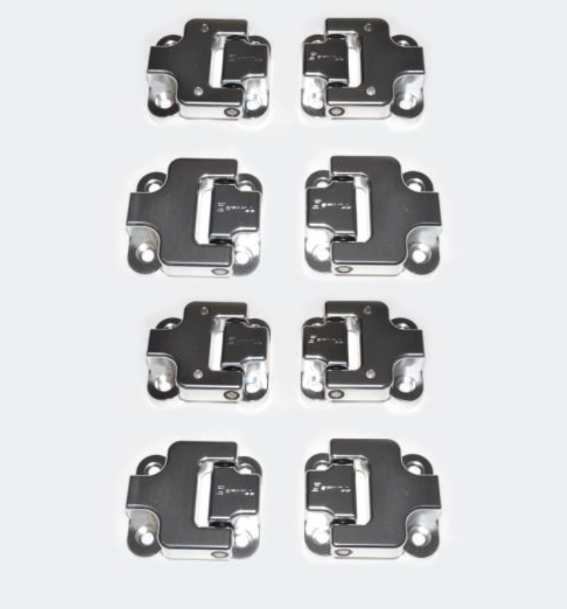 DEFENDER ALUMINIUM DOOR HINGE KIT - SET OF EIGHT FOR DEFENDER 110 - FITS 1983-2016 - COMES IN ANODISED SILVER - MANUFACTURED IN UK BY OPTIMILL