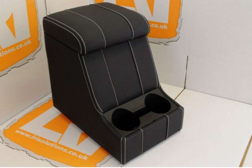 LRI CUBBY BOX WITH ARM REST - BLACK LEATHER WITH WHITE STITCH - TO FIT ALL LAND ROVER DEFENDER - 1983-2016