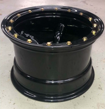 Load image into Gallery viewer, DEFENDER BLACK CHALLENGER STEEL WHEEL - 15 X 10 ( - 32 OFF SET) - WITH IMITATION BEAD LOCK
